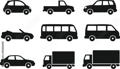 Collection of diverse black vehicle silhouettes including cars vans trucks and buses isolated on white