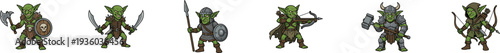 Pixel art green goblin warriors with weapons and armor set