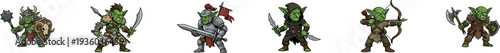 Set of diverse green goblin warriors with various medieval weapons