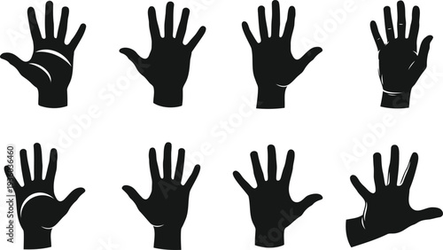 Collection of eight diverse black silhouette hands with fingers spread in various poses and angles isolated on a white background