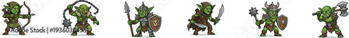 Six green goblin warriors in various poses with different weapons