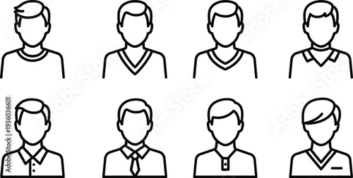 Collection of eight diverse masculine profile icons depicting different hairstyles and clothing styles isolated on transparent background