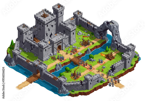 Isometric Medieval Castle Scene with Towers and Battlements