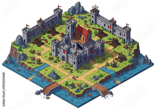 Isometric Castle Illustration with Surrounding Landscape and Water Features