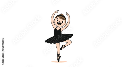An adorable cartoon ballerina with a joyful expression performs a delicate arabesque pose in a classic black tutu on a clean white background.