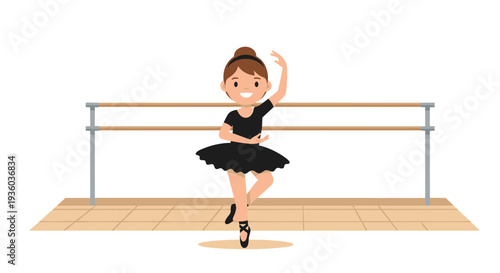 A joyful cartoon ballerina wearing a black tutu and pointe shoes practices a ballet pose in front of a barre on a wooden studio floor.