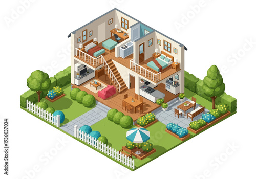 Isometric illustration of a modern house with patio and garden viewed from above