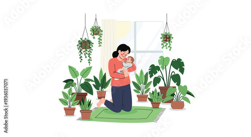 A peaceful woman kneels on a green rug, tenderly holding a baby, surrounded by numerous potted houseplants in a sunlit room.