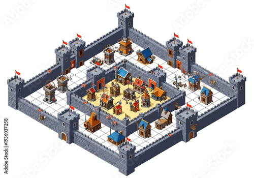 Isometric castle with courtyard and towers, surrounded by walls and featuring various characters and objects inside