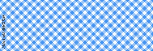 Gingham pattern, blue seamless checkered tablecloth. Diagonal tartan cloth, kitchen towel, picnic plaid, baby blanket. Abstract background with diamonds. Blue vichy fabric texture, vector illustration