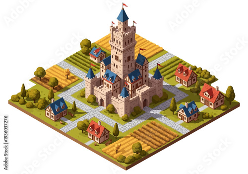 Aerial view of a medieval castle town with surrounding farmland and trees