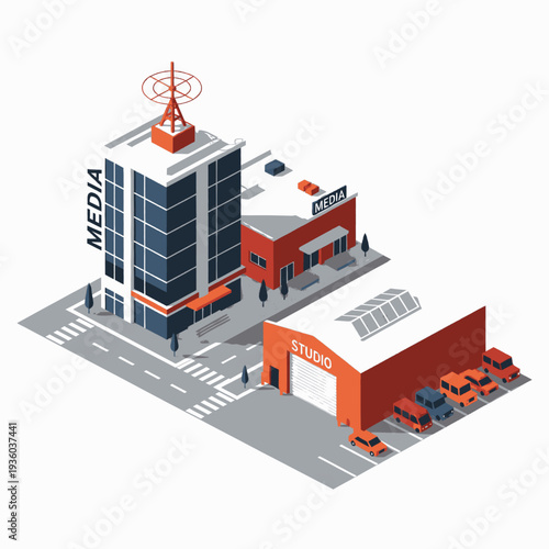 Isometric Media Building with Antenna and Warehouse.