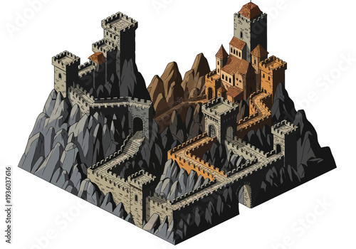 An isometric illustration of a medieval fortress on a mountainous terrain with stone walls and towers viewed from an aerial perspective