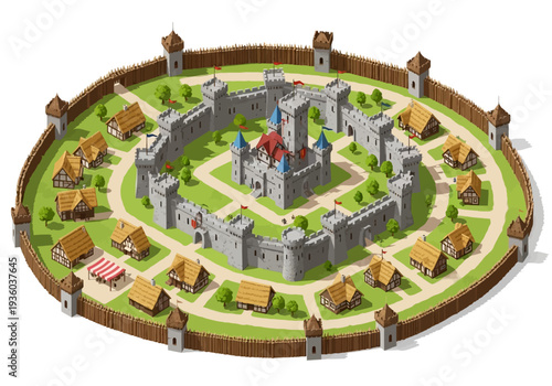 Aerial view of a medieval castle surrounded by a fortified village with houses and gardens inside a circular wall