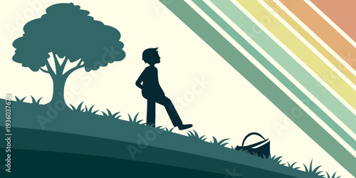 Silhouette hiker walking in scenic mountain landscape with sunset sky. Outdoor adventure vector illustration for travel posters, camping branding and nature themes.