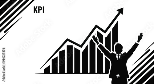 KPI Business Success and Financial Growth Performance Achievement with Silhouette Businessman and Rising Chart