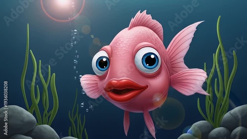 Cartoon-style pink fish with big eyes and red lips swims in a blue underwater scene