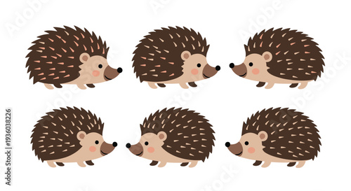 Six identical cartoon hedgehogs are neatly arranged in two rows of three, all facing right in a walking posture, presented against a plain white background.