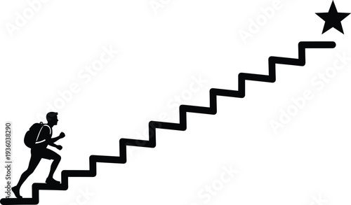 Silhouette of a Person with Backpack Climbing Stairs Toward a Star Representing Personal Growth Success Achievement Motivation Ambition Career Progress Future Goals and Lifelong Learning Journey
