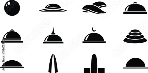 A set of twelve black minimalist icons featuring various dome shapes and restaurant cloches