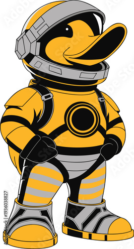 Futuristic Astronaut Duck Character in Orange and Yellow Space Suit - Sci-Fi Mascot Vector Illustration.