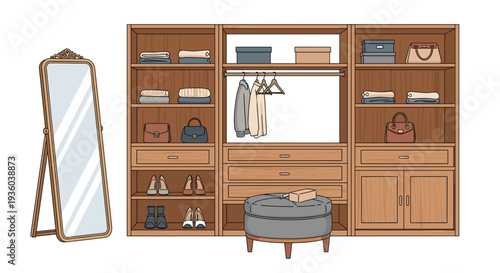 A rustic wooden wardrobe system with shelves and drawers is accompanied by an ornate full-length mirror and a grey upholstered ottoman.