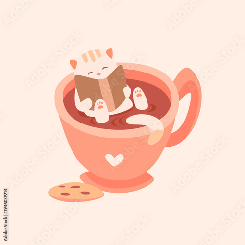 Cosy illustration of a cute cat reading a book in a cup of hot drink. Great for greeting cards, prints, bookstore, cafe, coffee shop, textiles, packaging. Gentle, warm, beige, pink colours