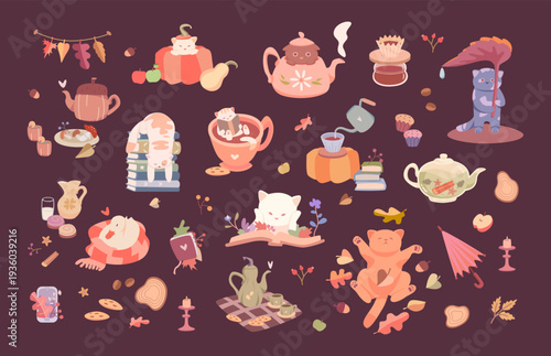 Cute autumn illustration set with cozy cats, hot tea, fall treats, and seasonal elements like pumpkins, leaves, and books. Perfect for stickers, greeting cards, planner decor, or social media graphics