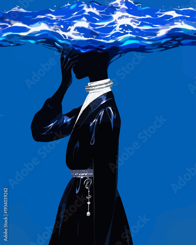 Surreal silhouette with glowing ocean waves head illustration
