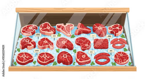 A wooden-framed refrigerated display case showcases an organized selection of raw meat cuts, ground meat, and sausages on a bed of crushed ice.