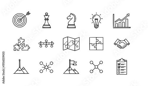 A collection of business strategy icons in a minimal line art style