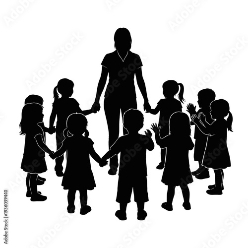 Woman Holding Hands with Children Silhouette.