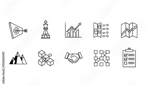 A set of business strategy icons in a minimal line art style