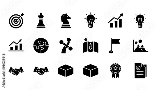 A set of black and white business icons on a white background