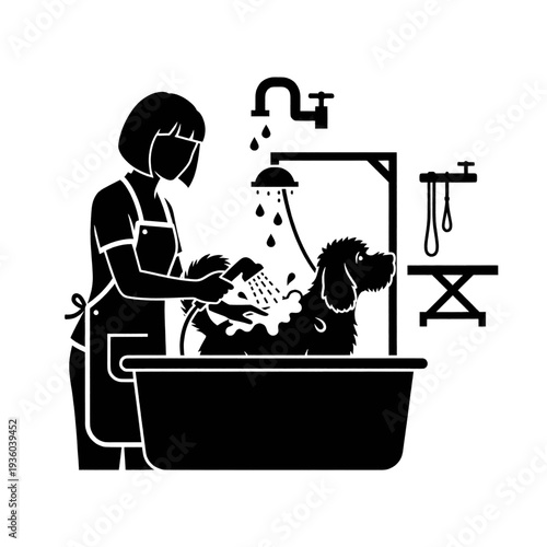 Woman Washing Dog in Bathtub.