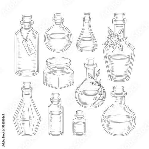 Black and white line collection of various glass bottles and jars liquid cork
