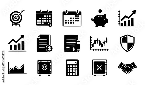 A set of black and white vector icons representing finance and business concepts