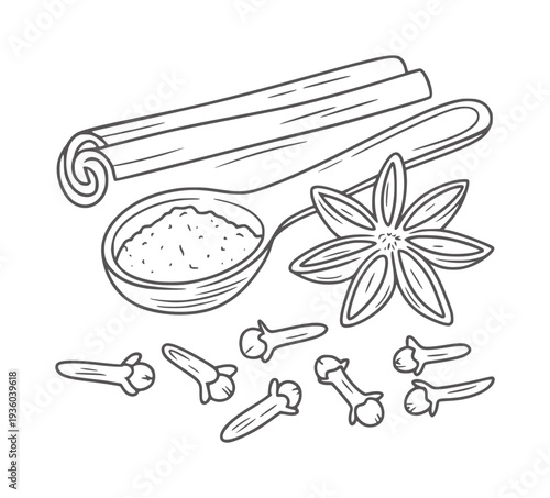 Black and white line of cinnamon sticks spoon of spice star anise and cloves