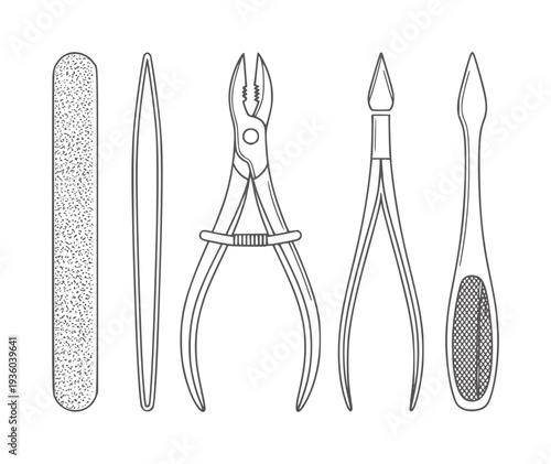 Black and white line of five manicure tools arranged in a row nail file nipper