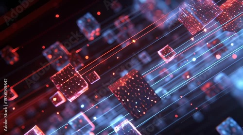 Macro cinematic flythrough inside modular translucent data blocks connected glowing fiber optic lines, futuristic blockchain network structure, red malicious code flowing liquid energy connections