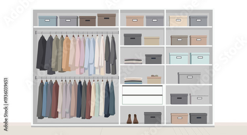 A spacious, open closet system displays a double row of hanging garments and multiple shelves filled with folded apparel and diverse storage boxes.
