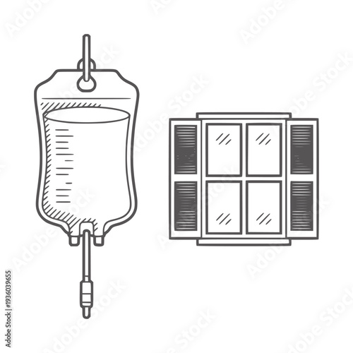 Black and white line of intravenous drip bag and window medical fluid