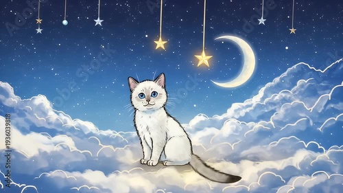 Cartoon style cat sits on clouds under a starry night sky with crescent moon