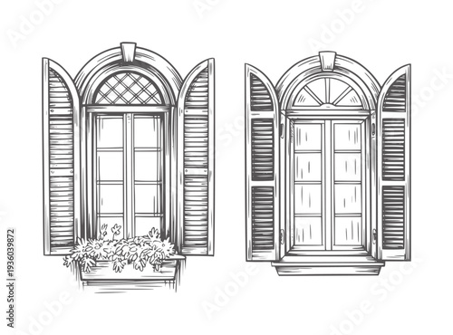 Black and white line of two open shuttered windows with flowers shutters