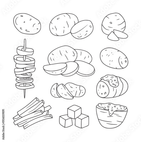 Black and white line of various potato preparations and ingredients potatoes sliced