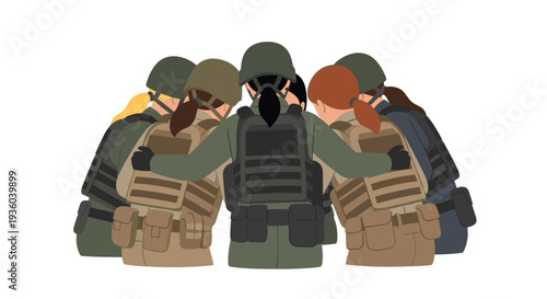 A supportive group of six female soldiers in full military gear huddle together in a close embrace, viewed from behind against a white background.