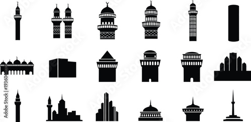 A collection of black vector silhouettes of various architectural towers and building landmarks.