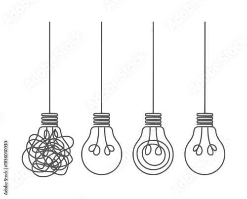 Four hanging lightbulbs showing progression from tangled to clear ideas