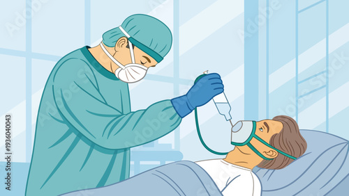 Medical professional treating patient with oxygen mask in hospital