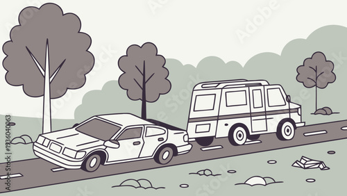 Car and van driving down scenic road with trees